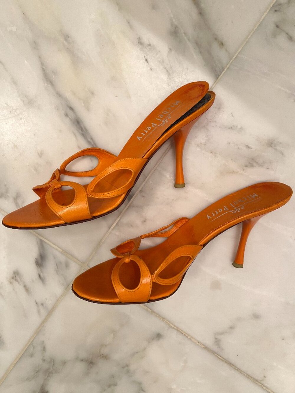Michel Perry vintage leather strappy-heeled mules, tangerine / orange, Size 38
